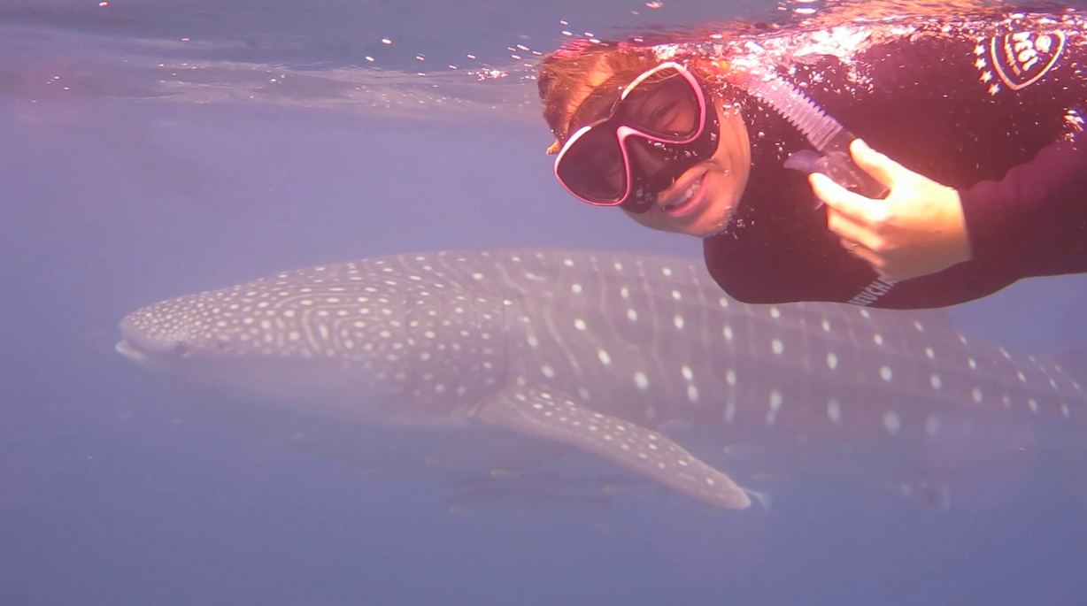 kate-and-the-whaleshark a man holding a glass of water