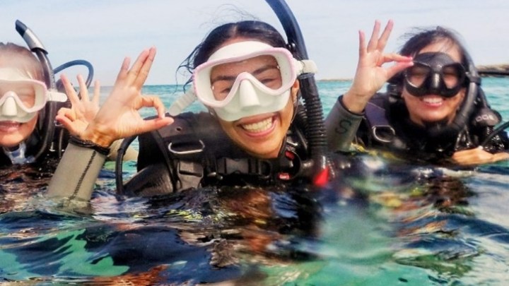 a group of people swimming in the water