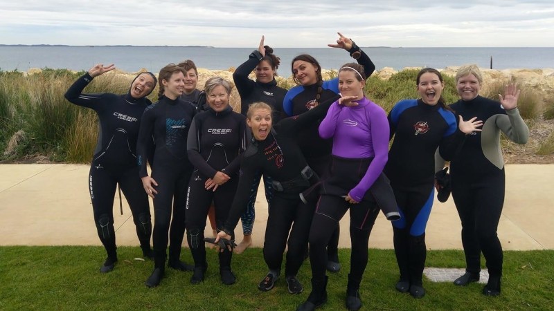 Lisa Graham Keegan et al. posing for a photo before scuba diving at Omeo Wreck, Coogee
