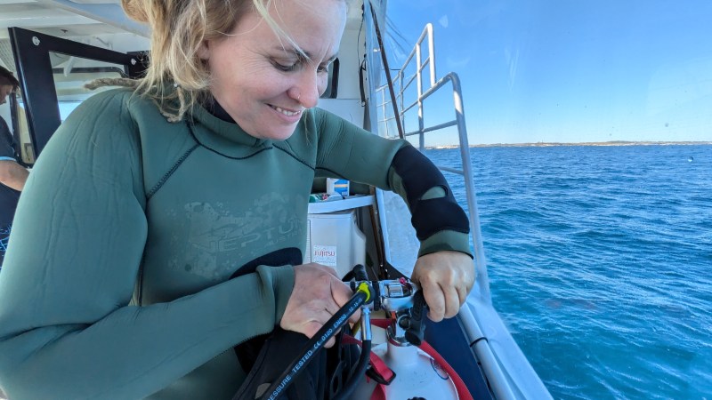 Woman in wetsuit prepares scuba gear on a boat near the ocean.