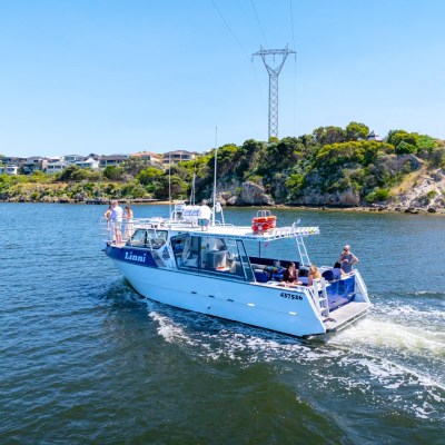 Small boat with people sailing on a river near a green shoreline.