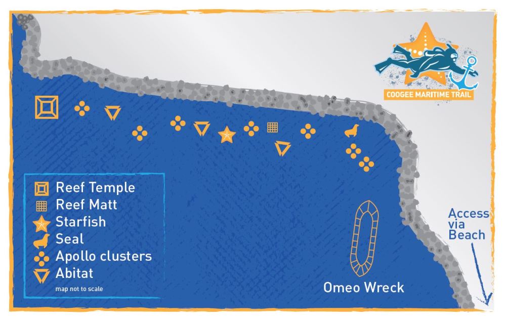Illustrated map of Coogee Maritime Trail with symbols for reefs, starfish, seals, and shipwreck.