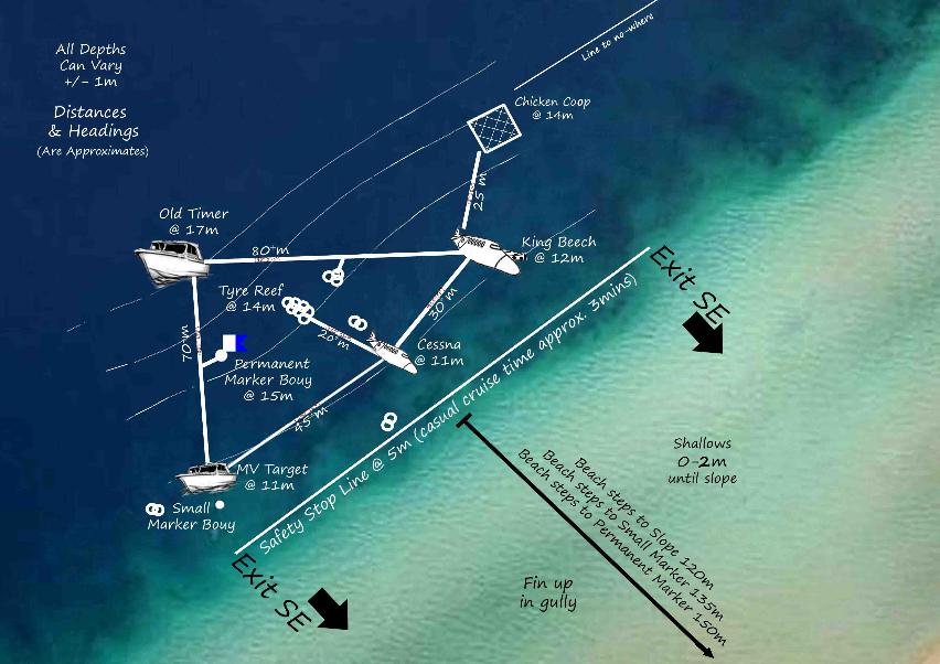 Underwater diving map with routes and depth markers near a shoreline.