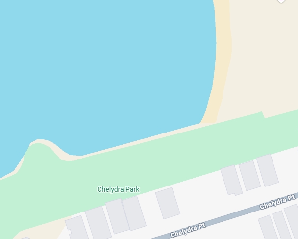 Map showing Chelydra Park near a beach and ocean.
